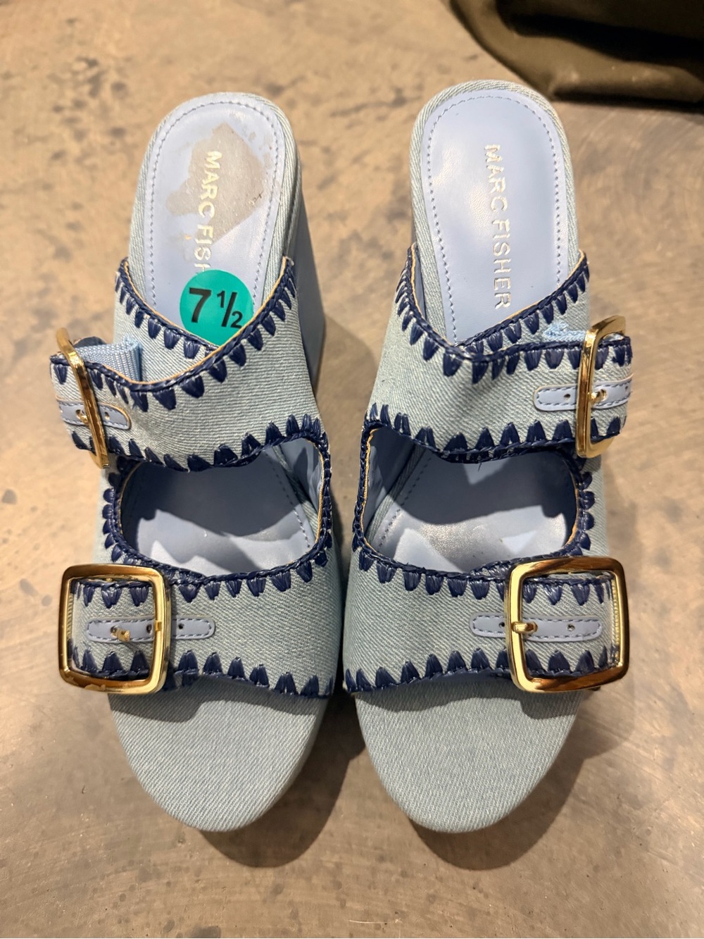Marc Fisher Light Blue Denim Slide with Navy Trim and Gold Buckles